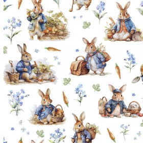 Tela Floral Con Conejos
